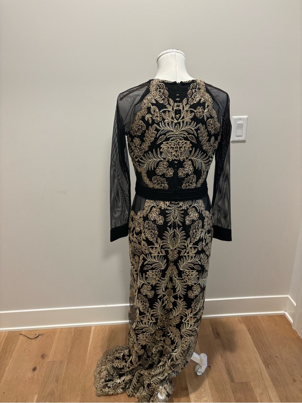 Tadashi Shoji Black & Gold Lace-Embroidered Sheer-Sleeve Gown - Picture 7 of 12